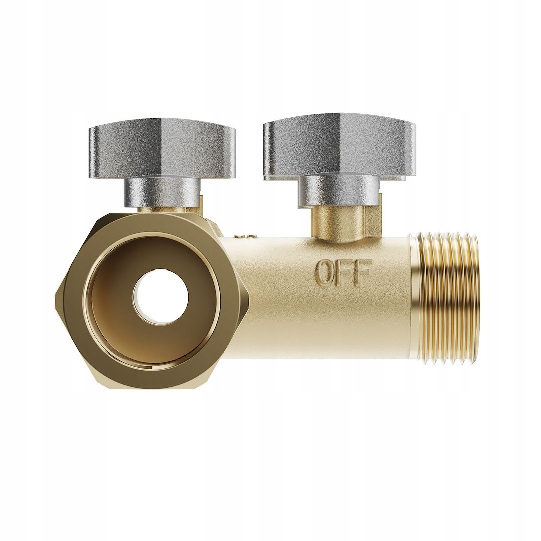 Mosiężny bypass do zmiękczacza wody z dwoma srebrnymi pokrętłami i gwintowanymi przyłączami