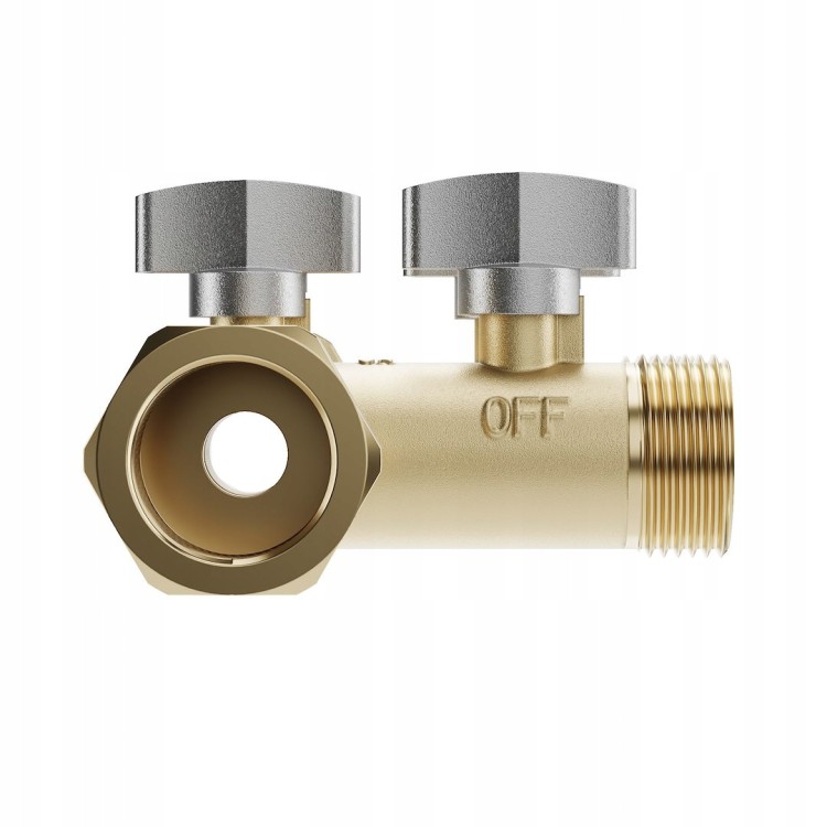 Mosiężny bypass do zmiękczacza wody z dwoma srebrnymi pokrętłami i gwintowanymi przyłączami