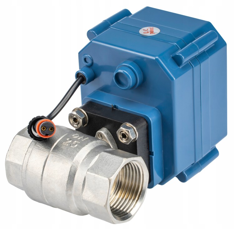 Zawór antyzalaniowy Smartstop 1 cal z niebieską obudową i złączem do czujników