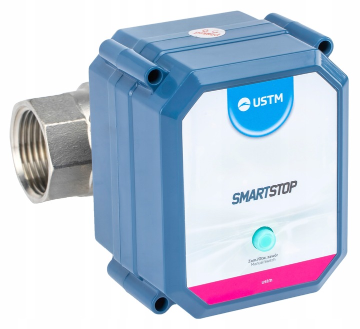 Zawór antyzalaniowy Smartstop USTM z niebieską obudową i metalowym przyłączem 1 cala