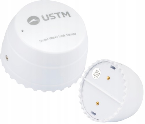 Biały bezprzewodowy czujnik wycieku wody USTM Smart Water Leak Sensor z dwoma metalowymi stykami