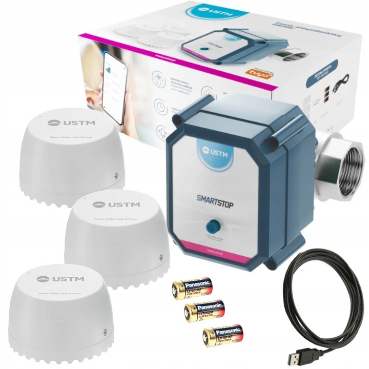 Zawór antyzalaniowy Smartstop 3/4 cala z trzema białymi czujnikami wycieku wody i akcesoriami USB