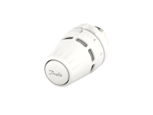 Biała głowica termostatyczna Danfoss Regus M30x1,5 z oznaczeniami poziomów regulacji temperatury