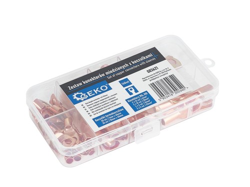 Przezroczyste pudełko z miedzianymi konektorami kablowymi oczkowymi M6 M8 i czarnymi koszulkami termokurczliwymi