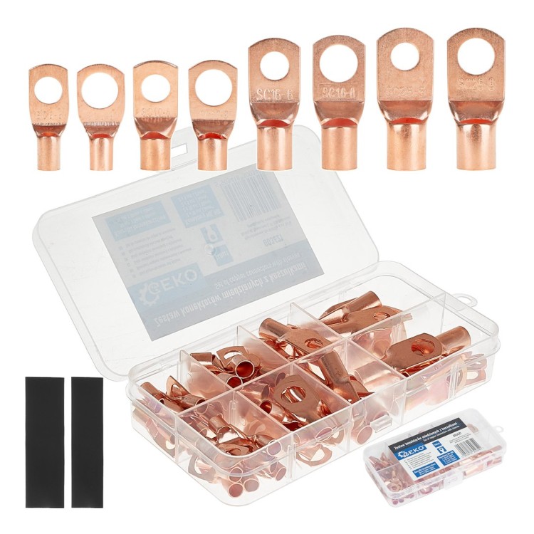 Zestaw 140 miedzianych konektorów oczkowych SC M6 M8 z koszulkami termokurczliwymi w organizerze