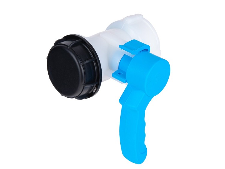 Zawór motylkowy do mauzera IBC S60x6 biało-niebieski z ergonomiczną nieślizgającą dźwignią i czarną zaślepką