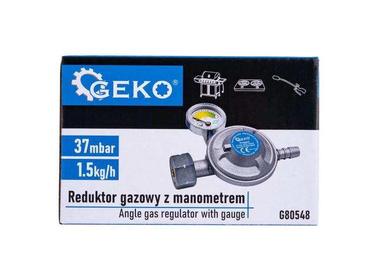 Pudełko reduktora gazowego Geko z manometrem i oznaczeniem 37 mbar