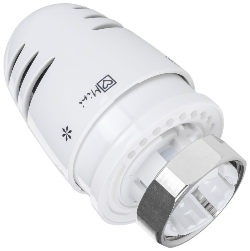 Biała głowica termostatyczna Herz Mini M30x1,5 z metalowym pierścieniem i szczelinami wentylacyjnymi