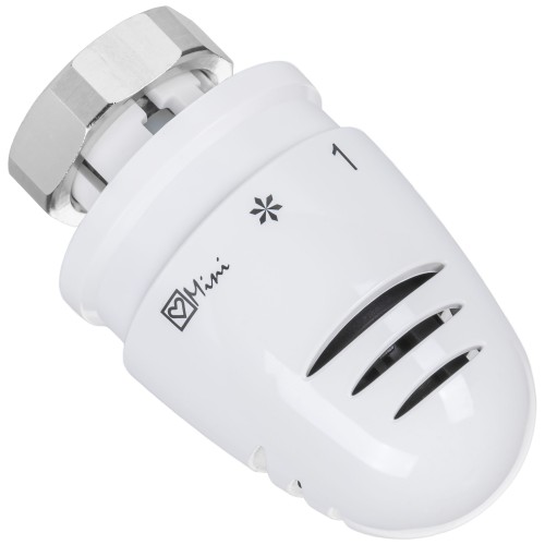 Biała głowica termostatyczna Herz Mini M30x1,5 z pokrętłem i metalowym złączem