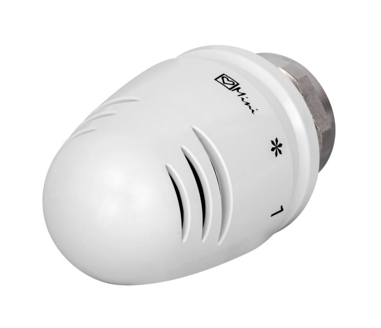 Biała głowica termostatyczna Herz Mini M30x1,5 z pokrętłem i oznaczeniami temperatury