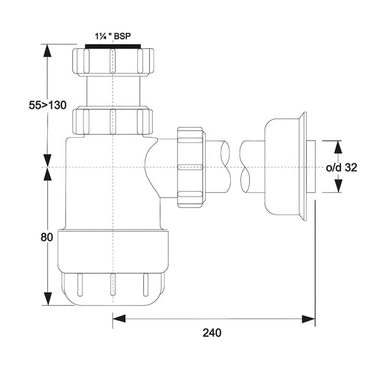 Syfon butelkowy niski 1 1/4" x 32 mm McAlpine z wymiarami i gwintem BSP