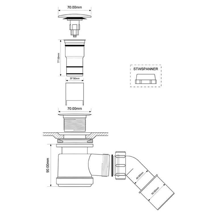 Syfon brodzikowy chrom czyszczenie od góry, wymiary 70 mm średnicy i 90 mm wysokości, system klik-klak