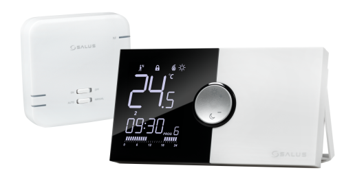 Bezprzewodowy biały regulator temperatury 091PRO-RF z dużym podświetlanym wyświetlaczem LCD i pokrętłem