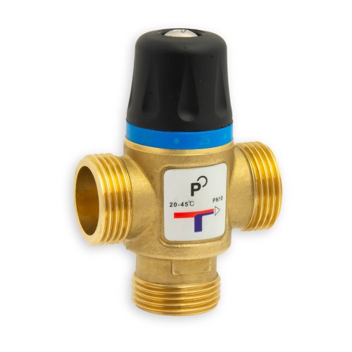 Trójdrożny termostatyczny zawór mieszający PHA-132 z mosiężnym korpusem i pokrętłem do regulacji temperatury