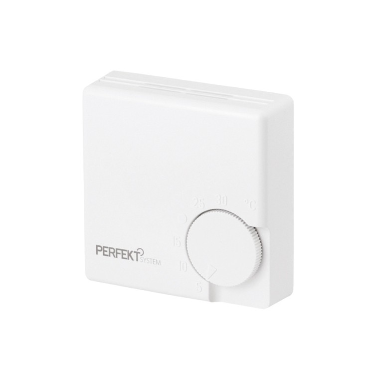 Biały termostat pokojowy PERFEXIM RTR-E3520 z pokrętłem i oznaczeniami temperatury