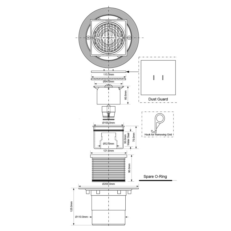 Wpust podłogowy pionowy z regulowaną kratką stalową 115x115 mm i króćcem odpływowym 110 mm