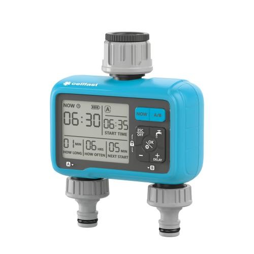Dwusekcyjny elektroniczny sterownik nawadniania CHRONOS CELLPRO z czytelnym wyświetlaczem i złączami węża