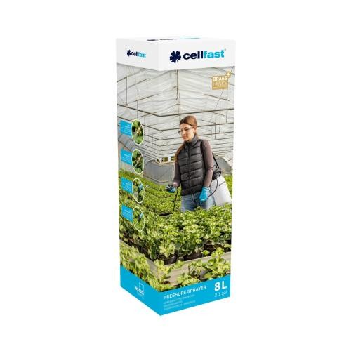Opryskiwacz ciśnieniowy ręczny Cellfast 8L z lancą, używany do zraszania roślin