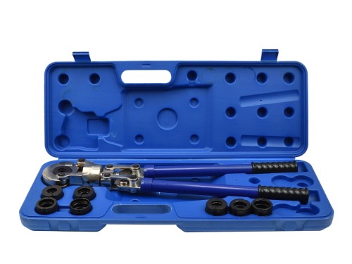 Hydrauliczna zaciskarka do rur PEX-AL-PEX w niebieskiej walizce z wymiennymi matrycami