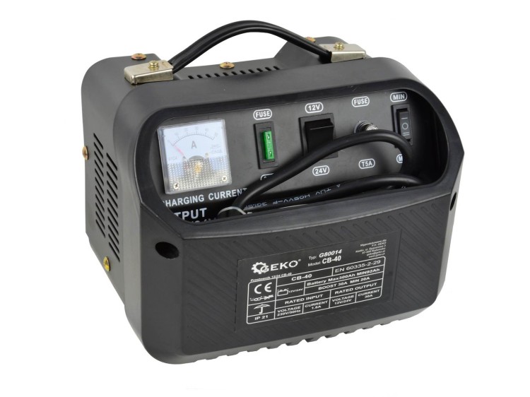 Prostownik samochodowy 12V 24V G80014 z uchwytem, wskaźnikiem analogowym i kablami