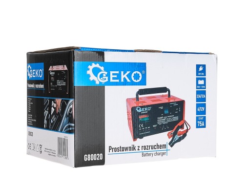 Prostownik z rozruchem GEKO 75A do akumulatorów 6V i 12V z uchwytem i przewodami