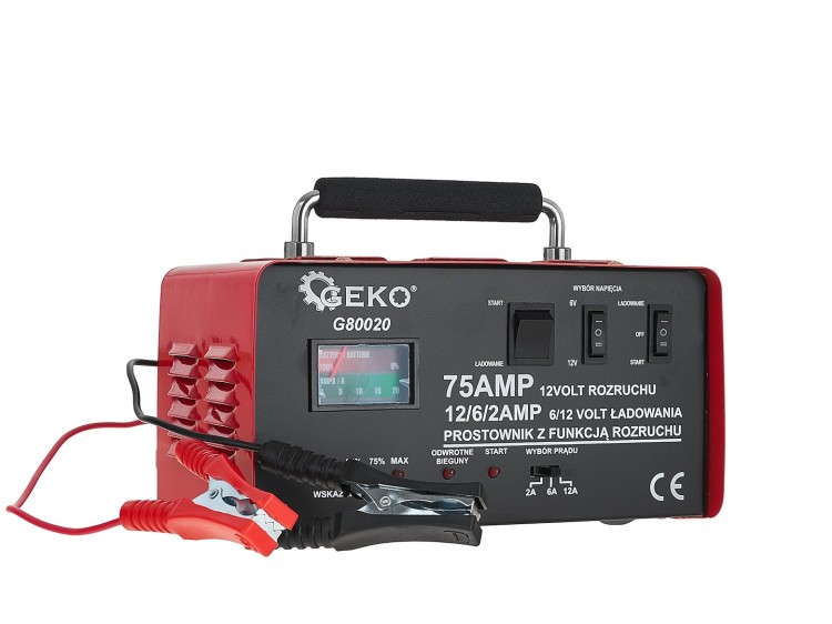 Prostownik z rozruchem 75A 6/12V GEKO z uchwytem, wskaźnikiem i zaciskami do akumulatorów