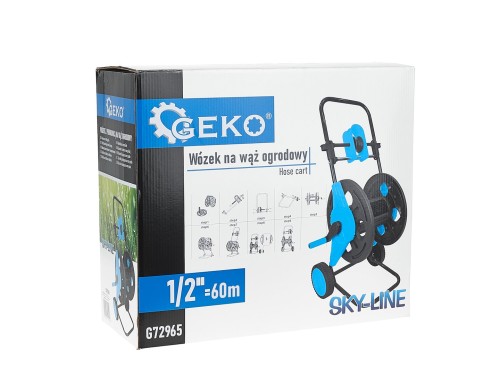 Wózek na wąż ogrodowy SKY-LINE z prowadnicą, korbką i kółkami, pojemność do 60m węża 1/2 cala