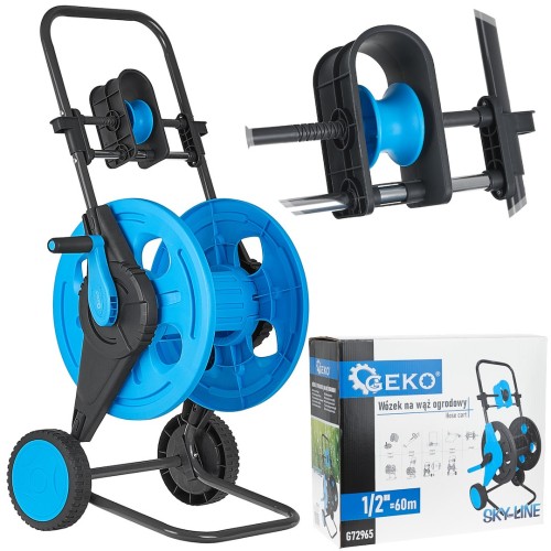 Wózek z prowadnicą na wąż ogrodowy 1/2 cala do 60 m, z korbką i kółkami transportowymi, niebiesko-czarny