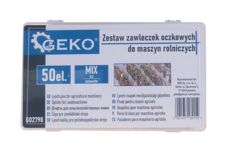 Zestaw 50 zawleczek oczkowych do maszyn rolniczych GEKO w przezroczystym sortowniku