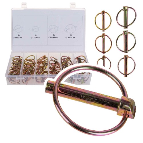 Zestaw 50 zawleczek oczkowych do maszyn rolniczych w sortowniku o różnych rozmiarach