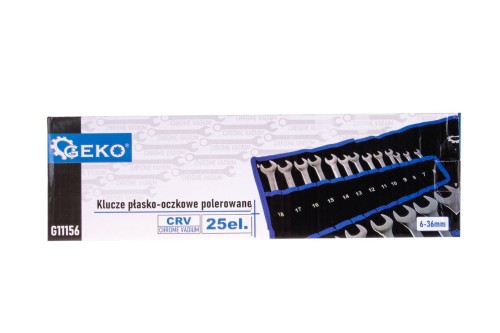 Zestaw 25 polerowanych kluczy płasko-oczkowych 6-36mm marki Geko w czarnej płachcie