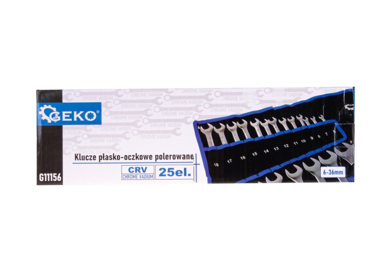 Zestaw 25 polerowanych kluczy płasko-oczkowych 6-36mm marki Geko w czarnej płachcie