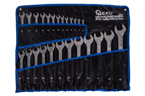 Zestaw 25 polerowanych kluczy płasko-oczkowych 6-36mm w czarnej płachcie z niebieskimi obszyciami