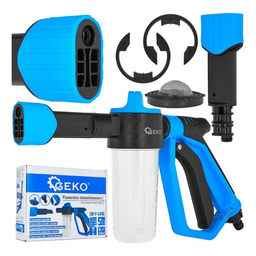 Niebiesko-czarna pianownica niskociśnieniowa do węża ogrodowego SKY-LINE z przezroczystym zbiornikiem i wymiennym filtrem