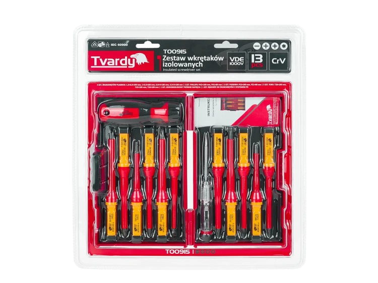 Zestaw 13 izolowanych wkrętaków VDE 1000V Tvardy z ergonomiczny uchwytem i 11 wymiennymi grotami