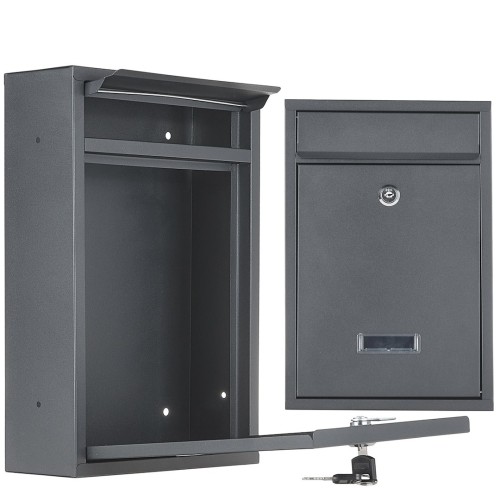Metalowa czarna skrzynka na listy o wymiarach 320x215x80mm z klapką i zamkiem na kluczyk