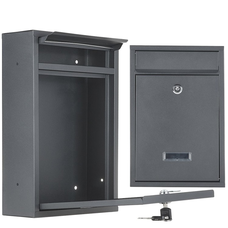 Metalowa czarna skrzynka na listy o wymiarach 320x215x80mm z klapką i zamkiem na kluczyk