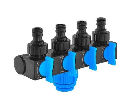 Rozdzielacz 4-drożny 3/4" z redukcją 1/2" z zaworami i niebieskimi pokrętłami
