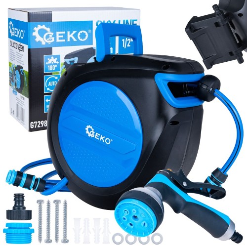 Automatyczny zwijacz ścienny z wężem ogrodowym 1/2" 20m, obrotowy 180°, z metalowym pistoletem 7-funkcyjnym