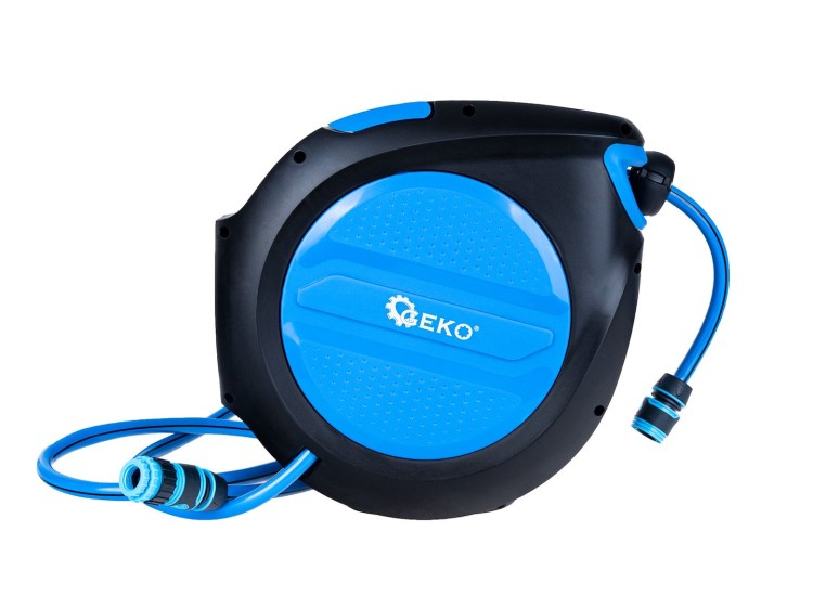 Automatyczny zwijacz węża ogrodowego Geko 20 m z obrotowym korpusem i metalowym pistoletem 7 funkcji