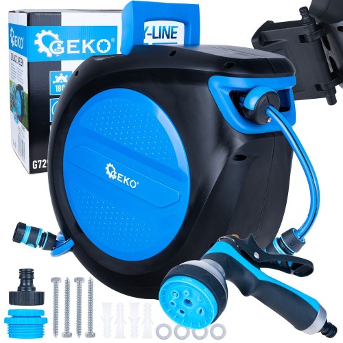 Automatyczny zwijacz węża ogrodowego Geko 30 m z metalowym pistoletem 7-funkcyjnym i uchwytem montażowym