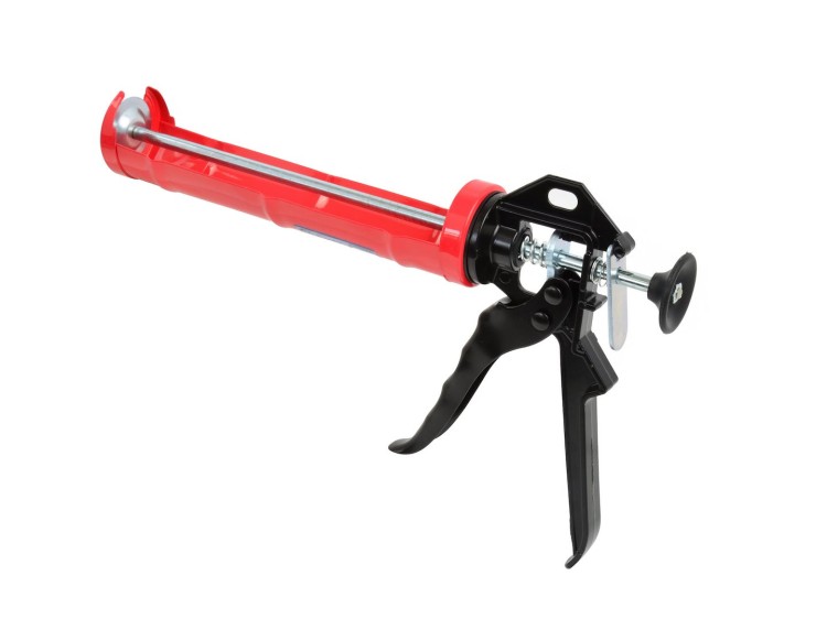 Czerwono-czarny pistolet wyciskacz do sylikonu i kleju w tubach aluminiowo-stalowy