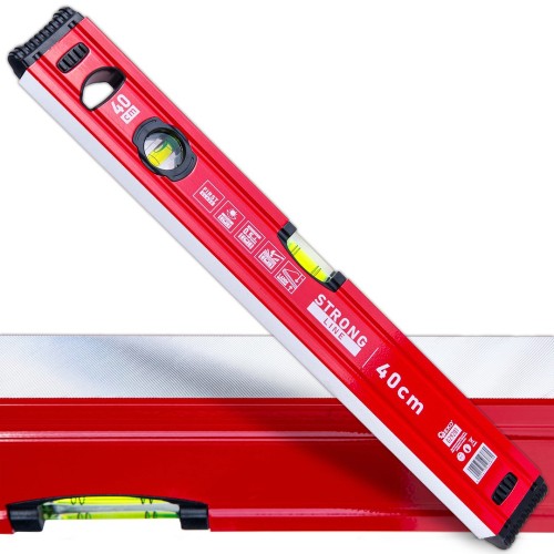 Czerwona poziomnica magnetyczna aluminiowa 40 cm z libellami i gumowymi końcówkami anti-shock