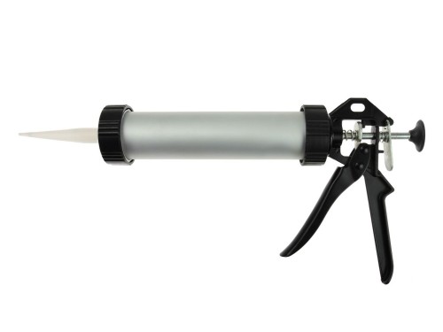 Aluminiowy pistolet wyciskacz do mas i silikonu z czarną rękojeścią i stożkową końcówką