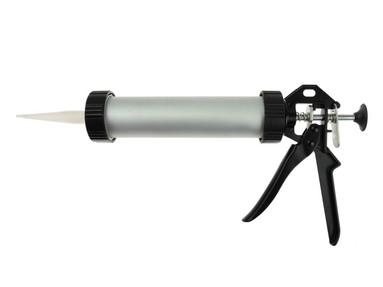 Aluminiowy pistolet wyciskacz do mas i silikonu z czarną rękojeścią i stożkową końcówką