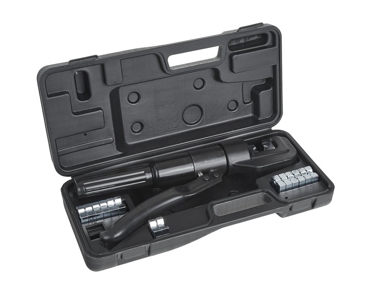 Zaciskarka hydrauliczna do kabli 6T z 14 wymiennymi matrycami i czarną walizką transportową