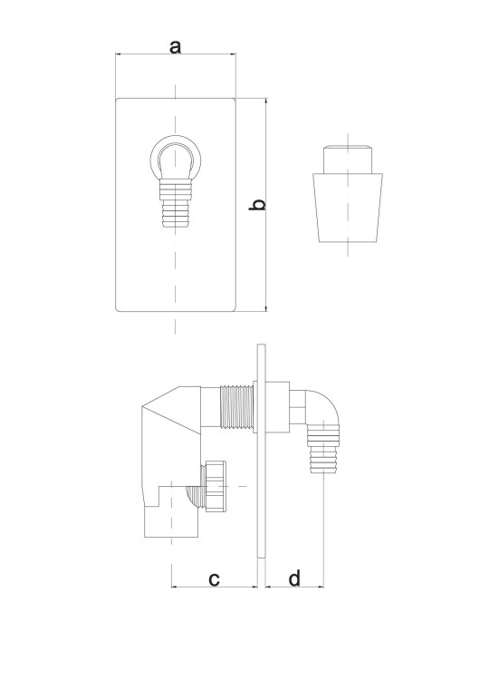 Odpływ pralki podtynkowy biały z wymiarami a 90 mm, b 150 mm, c 60 mm, d 40 mm