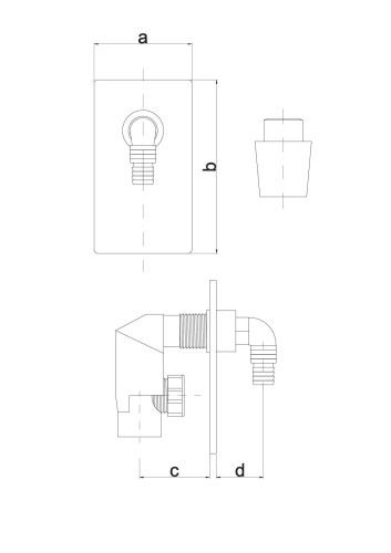Schemat techniczny odpływu pralki podtynkowego chrom z wymiarami a 90 mm, b 150 mm, c 60 mm, d 40 mm