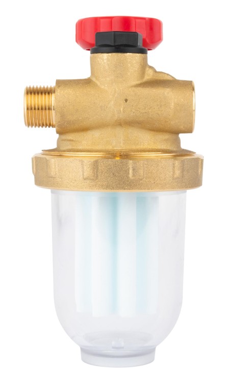 Filtr olejowy dwururowy z mosiężnym korpusem, plastikowym wkładem i czerwonym zaworem