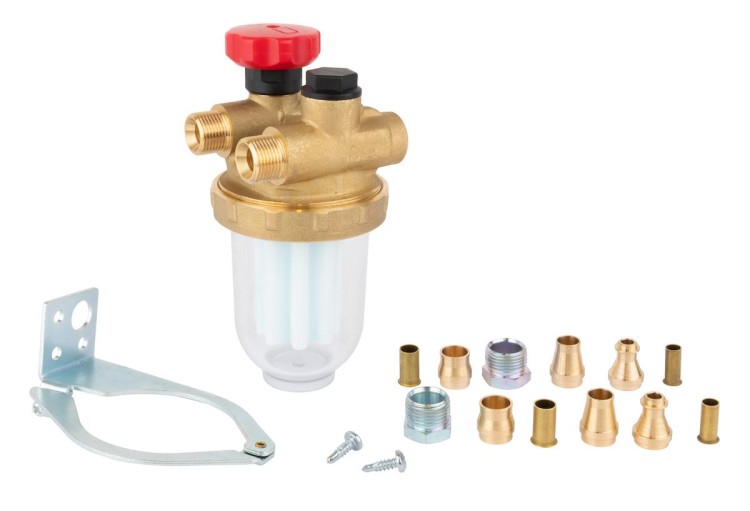 Dwururowy filtr olejowy z mosiężnym korpusem, przezroczystym plastikowym wkładem i zestawem mosiężnych złączek